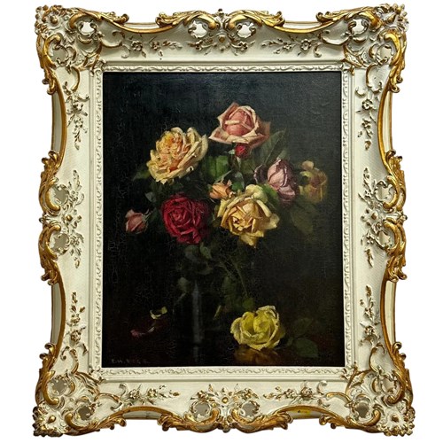 Impressionist Oil Painting Roses By Ernest Higgins Rigg Staithes Group