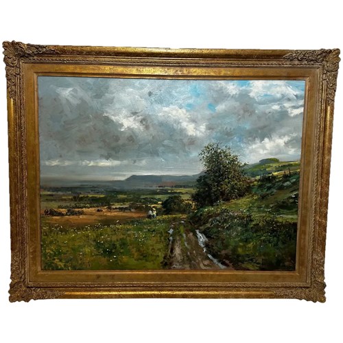 Large British Impressionist Oil Painting Landscape Sussex Downs By Charles Neal