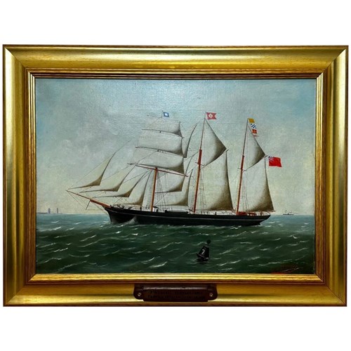 French 19Th Century Oil Painting Barquentine Ship Charles James Off Dunki