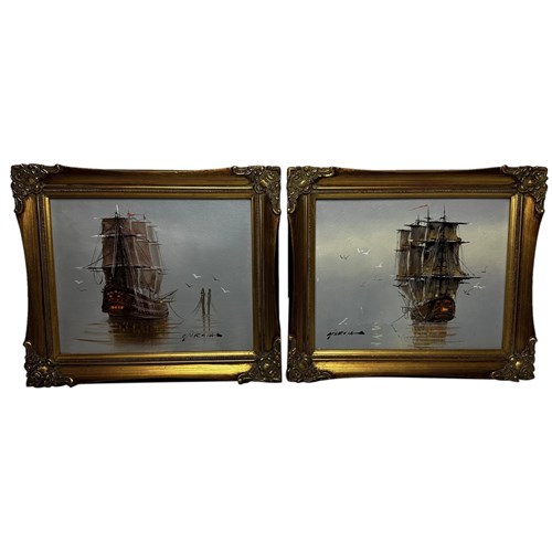 Pair Marine Paintings Spanish Galleon Ships Moored By Danny Garcia