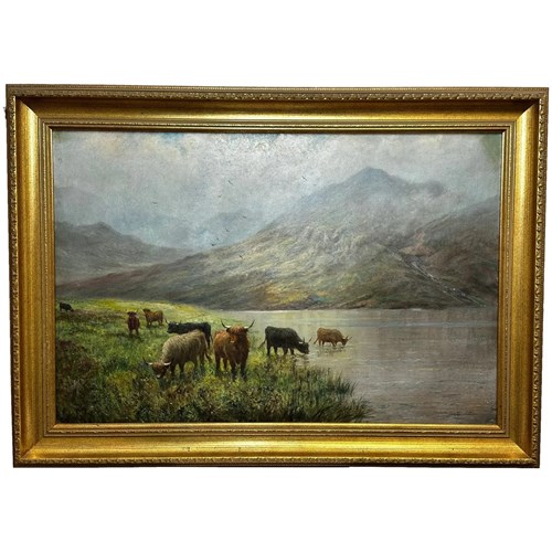 Scottish 19Th Century Oil Painting Highland Cattle In Loch By Douglas Cameron