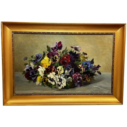 Danish Oil Painting Still Life "Pansies" Flowers Signed Emma Løffler 1843 – 1929