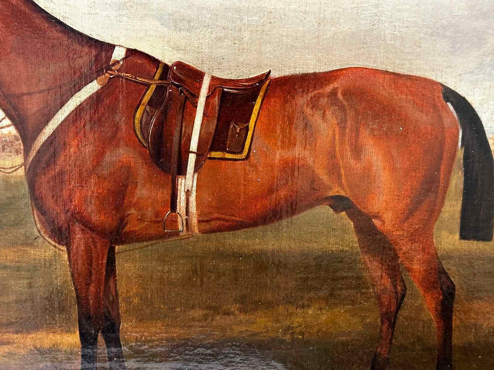 British Oil Painting 19Th Century Bay Hunter Horse With Groom At