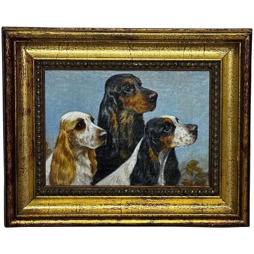 Mid Century Oil Painting Of Three Cocker Spaniels Manner Of Maud Alice Earl