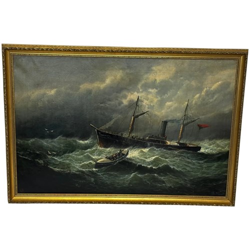Late Victorian Storm Seascape With Dundee Vessel & Lifeboat Rescue