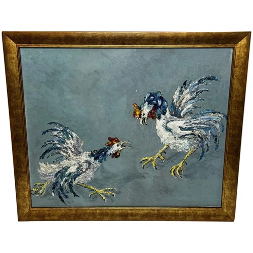 British Expressionism Sporting Painting In Motion: Cocks Fighting C.1965