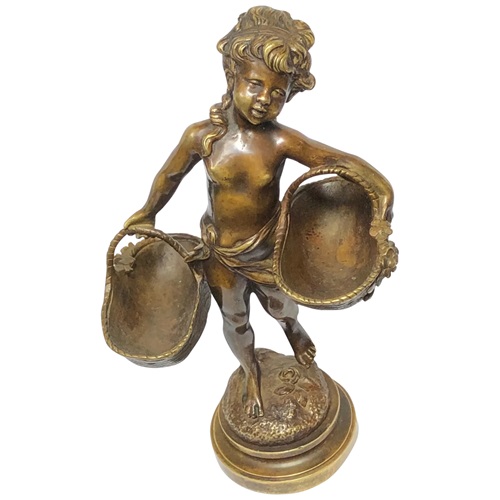 19Th Century Girl Carrying Flower Baskets Sculpture Signed Auguste Moreau