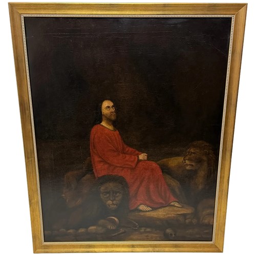 Antique Religious Scene Oil Painting Of Daniel In The Lions' Den 