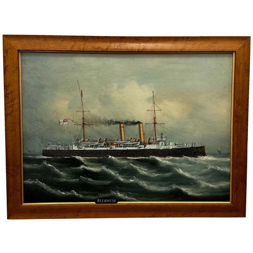 Oil Painting Royal Navy Cruiser Stram Ship HMS Blenheim C1900's