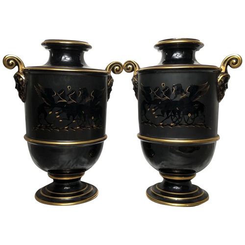 Pair Victorian Black Gold Porcelain Vases