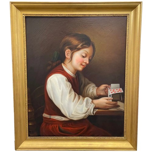 Early Victorian Oil Painting Girl Playing House Of Cards