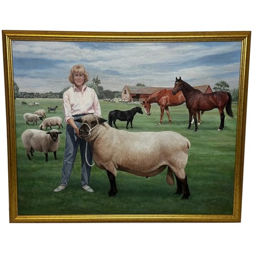 Oil Painting Camilla Parker Bowles Wiltshire Farm Prized Sheep & Horses