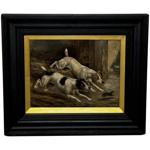 Victorian Hunting Oil Painting Jack Russell Terrier Dogs Chasing Rat 