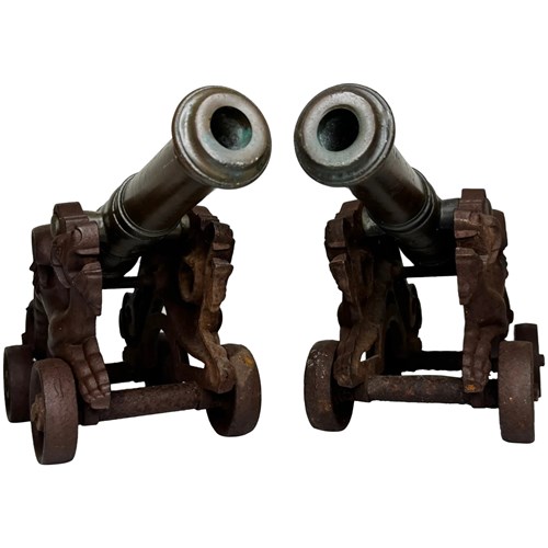 Pair Chinese Dragon Signal Cannons C.1890 Brass Artillery On Ornate Iron Mount