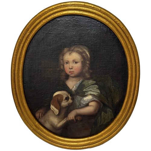 Oval Painting Portrait Of A Boy With His King Charles Spaniel Puppy, C.1680