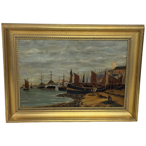 Oil Painting Of North Shields Harbour, River Tyne, The Old Low Light Lighthouse