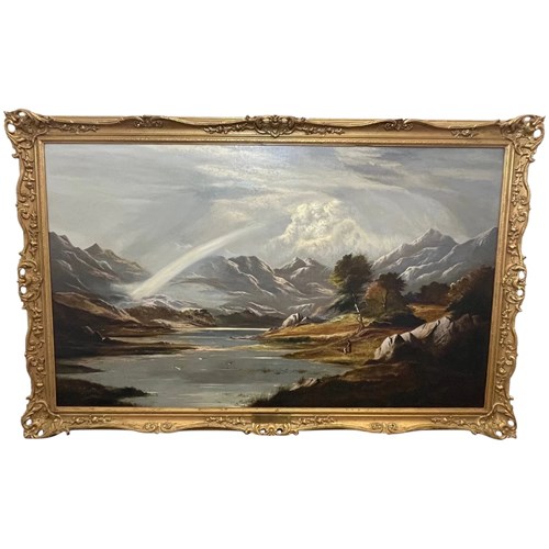 Large Victorian Welsh Landscape Oil Painting – Snowdon Range With Rainbow