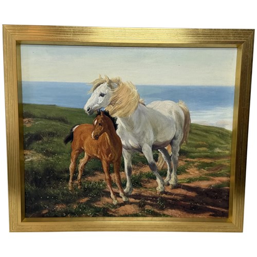 Oil Painting Grey Mare & Chestnut Foal After Henry William Banks Davis