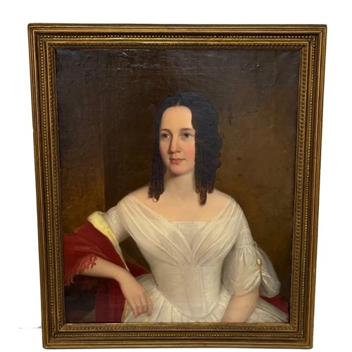 English 1830S Oil Portrait Of A Woman In White Dress And Red Shawl