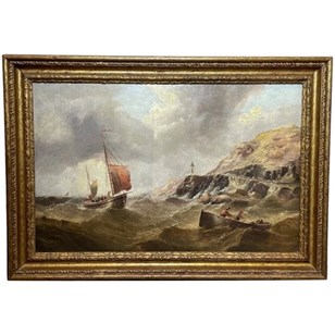 Oil Painting Fishing Boat Choppy Se...