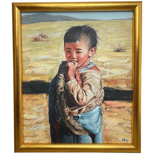 Chinese School Highland Child Oil Portrait – Possibly Lin Shusen – Shangh
