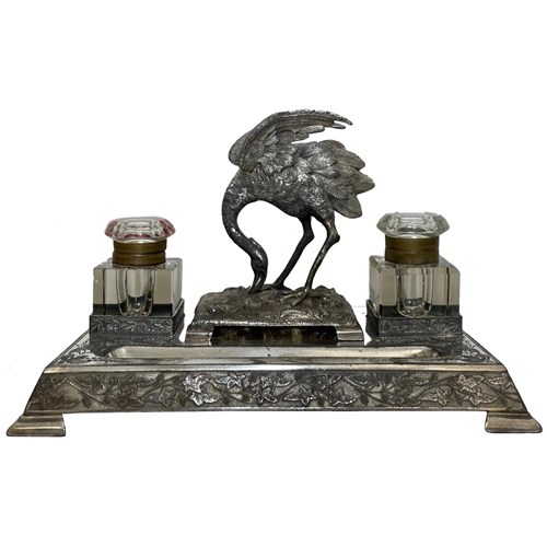 Victorian Silver Plate Crane Bird Inkwell Stand 