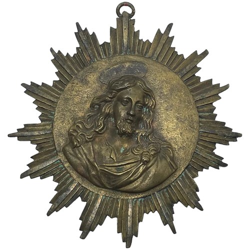 French Ecclesiastical Brass Plaque Of Christ Blessing Radiant Glory 19Th Century