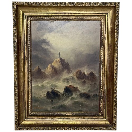 Victorian Marine Painting La Corbière Lighthouse, Jersey By Sarah Louisa Kilpack