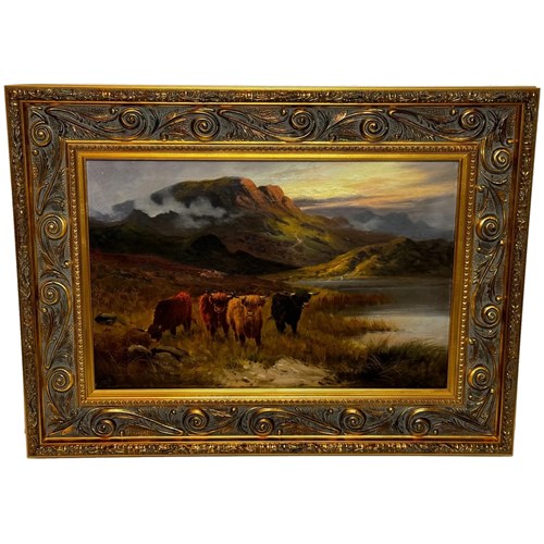 19Th Century Oil Painting Longhorn Cattle In Highlands By Gustave De Brianski