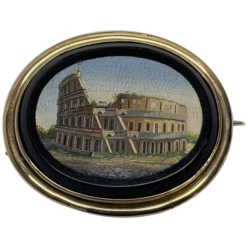 Roman Micromosaic Brooch Of The Colosseum In Gold Grand Tour Jewellery