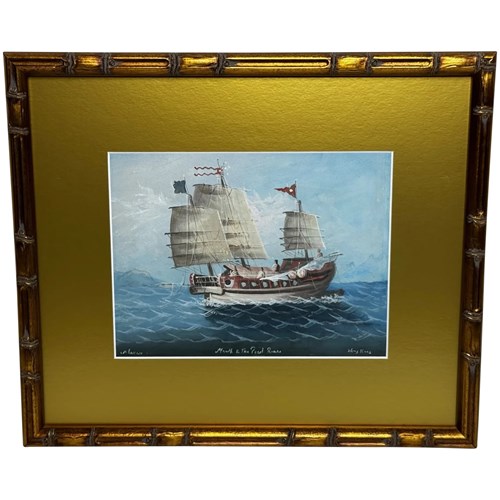 Marine Painting Outbound Junk Sailing Ship On Pearl River Hong Kong C1914 