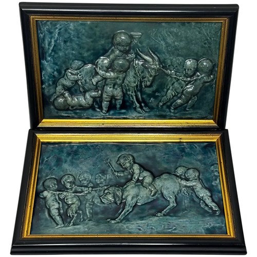 Pair Arts & Crafts Tile Plaque Sculptures Attributed Reginald Robert Tomlinson