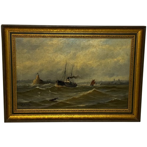 19Th Century Oil Painting Tyne Tynemouth Lighthouse By John Davison Liddell