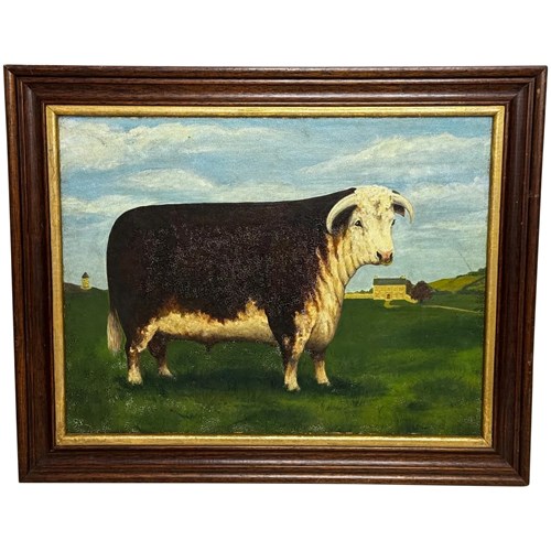 English Hereford Bull In Pastoral Landscape – Oil Painting 