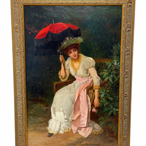 The Red Parasol – Romantic Victorian Garden Portrait By William Oliver, Circa 18