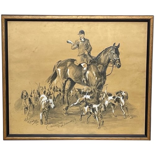 Original Hunting Work Of Art By Michael Lyne Signed Drawing American Foxhounds