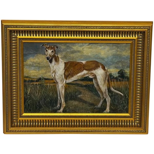 Antique English Lurcher Portrait In A Country Landscape
