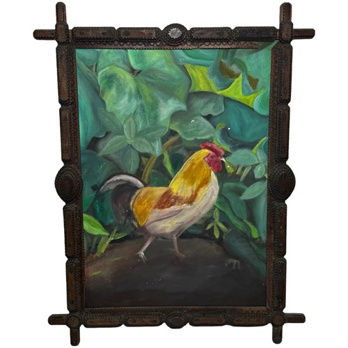 Golden Sentinel Catalan Folk Art Oil Painting Of An Empordanesa Rooster