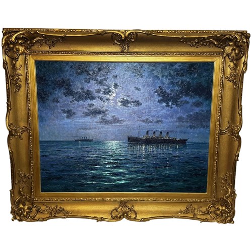  Large Oil Painting RMS Titanic Under Full Nocturnal Moon With RMS Olympic 