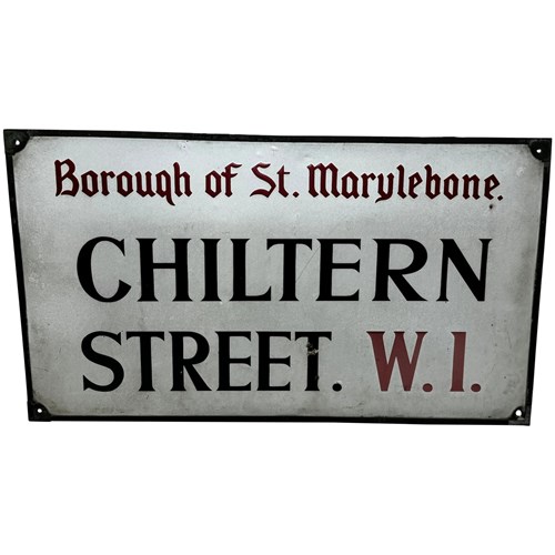 Edwardian Enamel London Road Sign Borough Of St Marylebone Chiltern Street W1