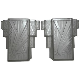 Pair Art Deco Frosted Glass Skyscra...