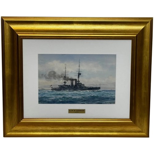 Frank Watson Wood Royal Navy Watercolour HMS London 1914, Dated 1915