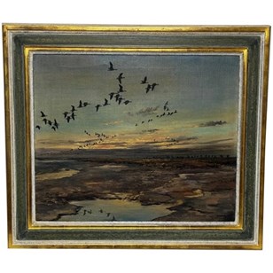 Oil Painting Brent Geese Birds Flyi...