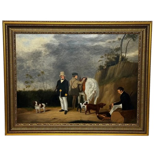 Hunting Party Oil Painting Lord With Purdey In Top Hat With Purdey