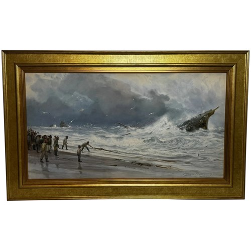 Painting High Tide Off Trebarwith Strand Cornish Shipwreck Charles Sim Mottram