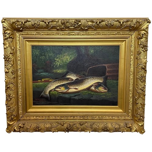 Scottish Oil Painting, Trout Fishing Still Life With Creel By James B. Russell