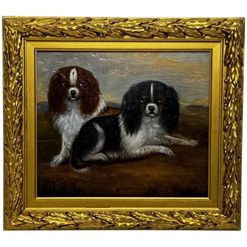 Pair Of Victorian King Charles Spaniels In Wooded Landscape Oil Painting C1880