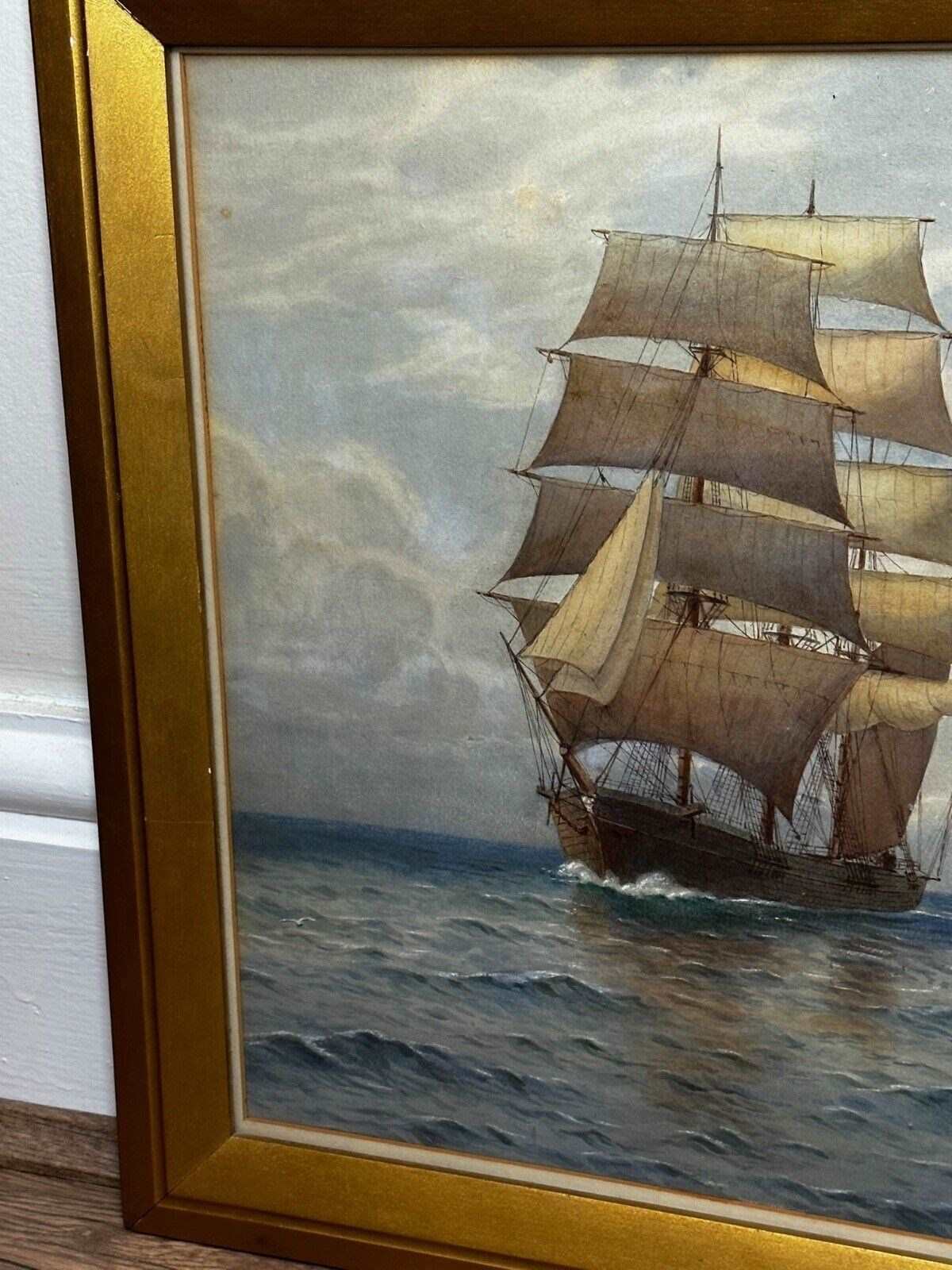 Vintage ship painting on a barrel, nautical decor