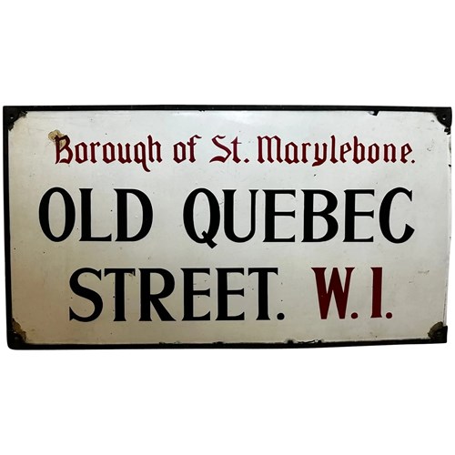 London Enamel Road Sign Borough Of St Marylebone Old Quebec Street W1
