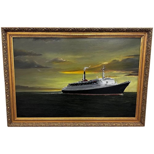 Huge Oil Painting Queen Elizabeth 2 Transatlantic Cunard Liner Ship
